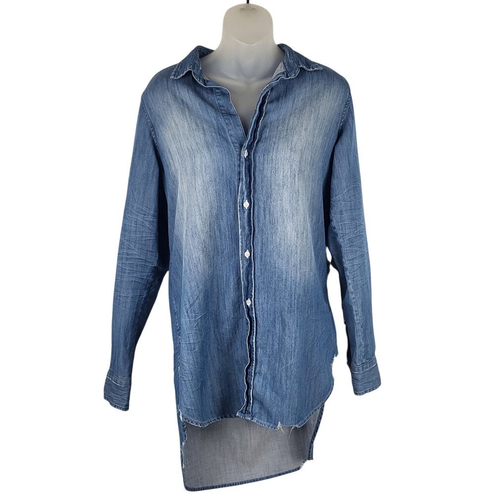 Frank & Eileen GRAYSON Hi Low Hem Tunic Shirt in Distressed Denim Vintage Wash M